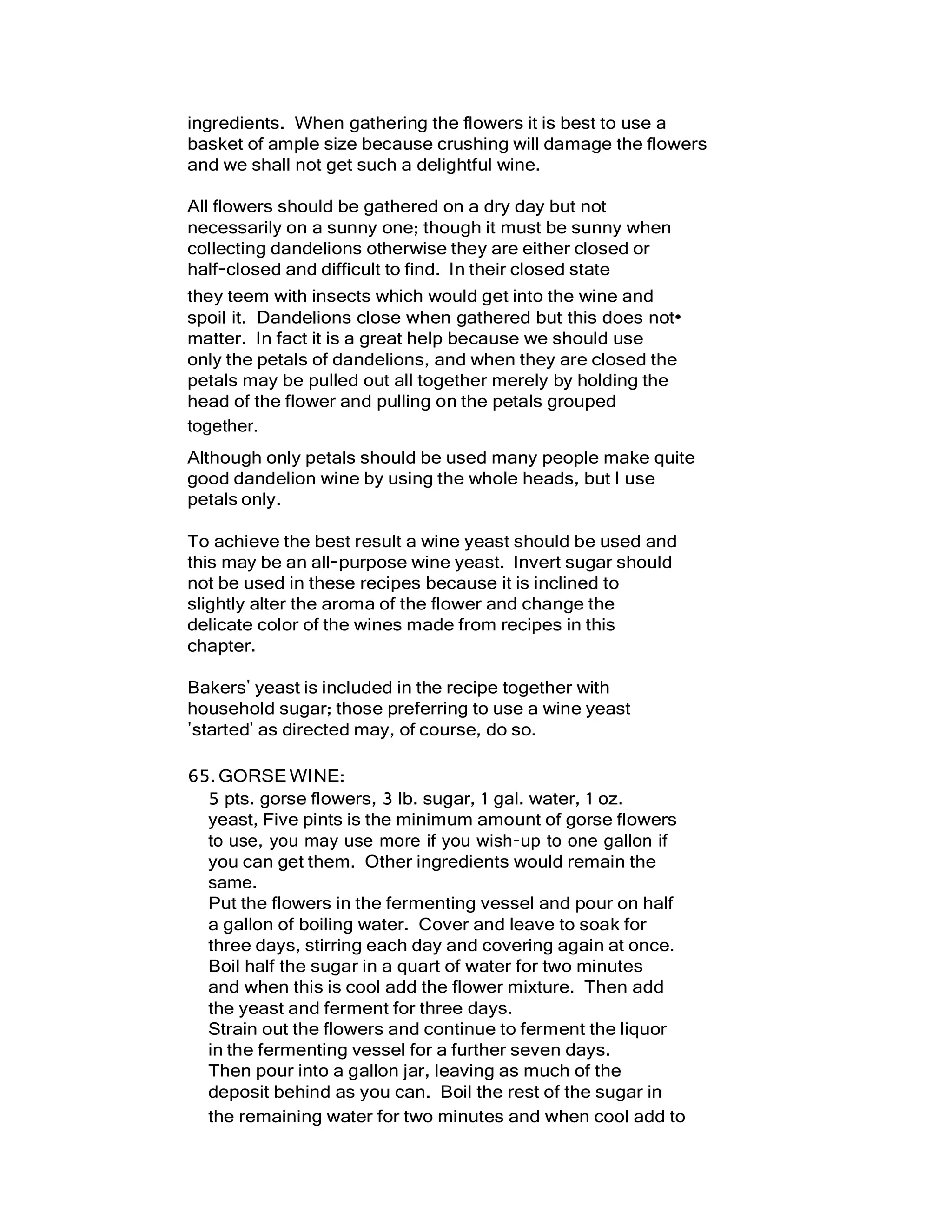 ingredients. When gathering the flowers it is best to use a
basket of ample size because crushing will damage the flowers
and we shall not get such a delightful wine.
All flowers should be gathered on a dry day but not
necessarily on a sunny one; though it must be sunny when
collecting dandelions otherwise they are either closed or
half-closed and difficult to find. In their closed state
they teem with insects which would get into the wine and
spoil it. Dandelions close when gathered but this does not•
matter. In fact it is a great help because we should use
only the petals of dandelions, and when they are closed the
petals may be pulled out all together merely by holding the
head of the flower and pulling on the petals grouped
together.
Although only petals should be used many people make quite
good dandelion wine by using the whole heads, but I use
petals only.
To achieve the best result a wine yeast should be used and
this may be an all-purpose wine yeast. Invert sugar should
not be used in these recipes because it is inclined to
slightly alter the aroma of the flower and change the
delicate color of the wines made from recipes in this
chapter.
Bakers' yeast is included in the recipe together with
household sugar; those preferring to use a wine yeast
'started' as directed may, of course, do so.
65.GORSEWINE:
5 pts. gorse flowers, 3 lb. sugar, 1 gal. water, 1 oz.
yeast, Five pints is the minimum amount of gorse flowers
to use, you may use more if you wish-up to one gallon if
you can get them. Other ingredients would remain the
same.
Put the flowers in the fermenting vessel and pour on half
a gallon of boiling water. Cover and leave to soak for
three days, stirring each day and covering again at once.
Boil half the sugar in a quart of water for two minutes
and when this is cool add the flower mixture. Then add
the yeast and ferment for three days.
Strain out the flowers and continue to ferment the liquor
in the fermenting vessel for a further seven days.
Then pour into a gallon jar, leaving as much of the
deposit behind as you can. Boil the rest of the sugar in
the remaining water for two minutes and when cool add to
 