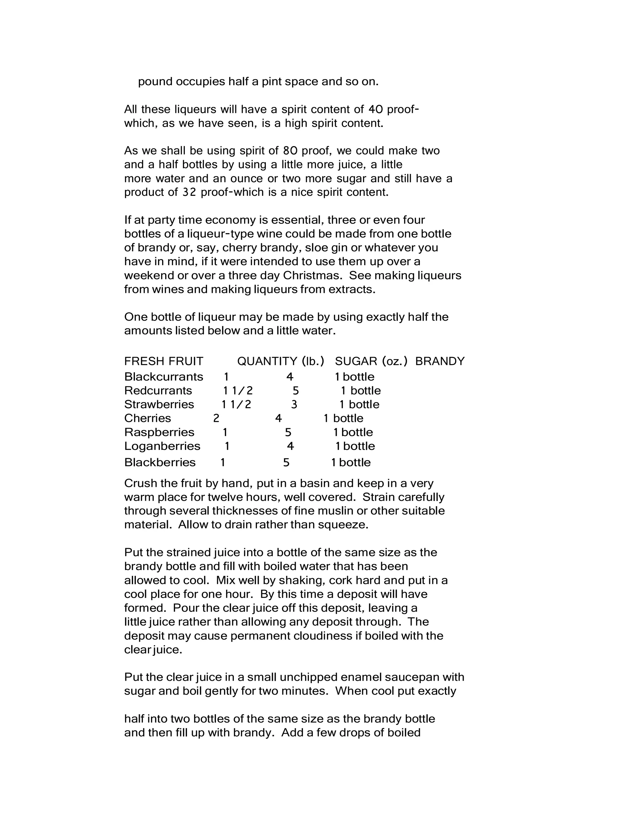pound occupies half a pint space and so on.
All these liqueurs will have a spirit content of 40 proof-
which, as we have seen, is a high spirit content.
As we shall be using spirit of 80 proof, we could make two
and a half bottles by using a little more juice, a little
more water and an ounce or two more sugar and still have a
product of 32 proof-which is a nice spirit content.
If at party time economy is essential, three or even four
bottles of a liqueur-type wine could be made from one bottle
of brandy or, say, cherry brandy, sloe gin or whatever you
have in mind, if it were intended to use them up over a
weekend or over a three day Christmas. See making liqueurs
from wines and making liqueurs from extracts.
One bottle of liqueur may be made by using exactly half the
amounts listed below and a little water.
FRESH FRUIT QUANTITY (lb.) SUGAR (oz.) BRANDY
Blackcurrants 1 4 1 bottle
Redcurrants 1 1/2 5 1 bottle
Strawberries 1 1/2 3 1 bottle
Cherries 2 4 1 bottle
Raspberries 1 5 1 bottle
Loganberries 1 4 1 bottle
Blackberries 1 5 1 bottle
Crush the fruit by hand, put in a basin and keep in a very
warm place for twelve hours, well covered. Strain carefully
through several thicknesses of fine muslin or other suitable
material. Allow to drain rather than squeeze.
Put the strained juice into a bottle of the same size as the
brandy bottle and fill with boiled water that has been
allowed to cool. Mix well by shaking, cork hard and put in a
cool place for one hour. By this time a deposit will have
formed. Pour the clear juice off this deposit, leaving a
little juice rather than allowing any deposit through. The
deposit may cause permanent cloudiness if boiled with the
clearjuice.
Put the clear juice in a small unchipped enamel saucepan with
sugar and boil gently for two minutes. When cool put exactly
half into two bottles of the same size as the brandy bottle
and then fill up with brandy. Add a few drops of boiled
 