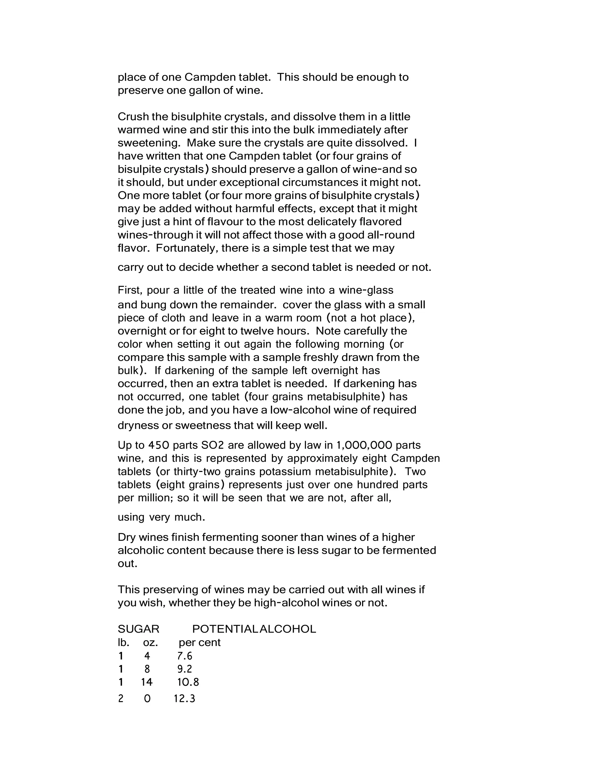 lb. oz. per cent
1 4 7.6
1 8 9.2
1 14 10.8
2 0 12.3
place of one Campden tablet. This should be enough to
preserve one gallon of wine.
Crush the bisulphite crystals, and dissolve them in a little
warmed wine and stir this into the bulk immediately after
sweetening. Make sure the crystals are quite dissolved. I
have written that one Campden tablet (or four grains of
bisulpite crystals) should preserve a gallon of wine-and so
it should, but under exceptional circumstances it might not.
One more tablet (or four more grains of bisulphite crystals)
may be added without harmful effects, except that it might
give just a hint of flavour to the most delicately flavored
wines-through it will not affect those with a good all-round
flavor. Fortunately, there is a simple test that we may
carry out to decide whether a second tablet is needed or not.
First, pour a little of the treated wine into a wine-glass
and bung down the remainder. cover the glass with a small
piece of cloth and leave in a warm room (not a hot place),
overnight or for eight to twelve hours. Note carefully the
color when setting it out again the following morning (or
compare this sample with a sample freshly drawn from the
bulk). If darkening of the sample left overnight has
occurred, then an extra tablet is needed. If darkening has
not occurred, one tablet (four grains metabisulphite) has
done the job, and you have a low-alcohol wine of required
dryness or sweetness that will keep well.
Up to 450 parts SO2 are allowed by law in 1,000,000 parts
wine, and this is represented by approximately eight Campden
tablets (or thirty-two grains potassium metabisulphite). Two
tablets (eight grains) represents just over one hundred parts
per million; so it will be seen that we are not, after all,
using very much.
Dry wines finish fermenting sooner than wines of a higher
alcoholic content because there is less sugar to be fermented
out.
This preserving of wines may be carried out with all wines if
you wish, whether they be high-alcohol wines or not.
SUGAR POTENTIALALCOHOL
 
