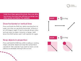 Draw horizontal or vertical lines
Press and hold the Shift key while inserting lines to
make sure they are perfectly horizontal, vertical or
at a 45-degree angle. If you’ve already drawn a line
and you want to make it shorter or longer, hold
down the Shift button and it will maintain its angle.
Keep objects in proportion
Press and hold the Shift key while creating or resizing
shapes and other objects to keep their proportions
consistent. This is handy if you want to resize a circle
without accidentally turning it into an oval.
Aside from these general shortcuts, there are other
less known shortcuts that will help you design your
slides quicker and better. For example: Shift + & drag
Shift + & drag
 