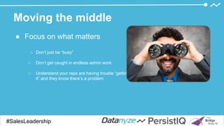 Moving the middle
● Focus on what matters
○ Don’t just be “busy”
○ Don’t get caught in endless admin work
○ Understand your reps are having trouble “getting
it” and they know there’s a problem
#SalesDevGuide#SalesLeadership
 