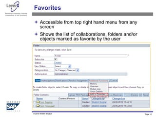 Assisting Companies Leverage
Investments in SAP Solutions
Favorites
 Accessible from top right hand menu from any
screen
 Shows the list of collaborations, folders and/or
objects marked as favorite by the user
Page 12
© 2010 Shobhit Singhal
 