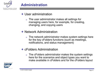 Assisting Companies Leverage
Investments in SAP Solutions
Administration
 User administration
 The user administrator makes all settings for
managing users here, for example, for creating,
changing, and copying users
 Network Administration
 The network administrator makes system settings here
for the key cFolders functions (such as meetings,
notifications, and status management)
 cFolders Administration
 The cFolders administrator makes the system settings
here for the scenarios and object types you want to
make available in cFolders and for the cFolders layout
Page 14
© 2010 Shobhit Singhal
 