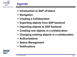 Assisting Companies Leverage
Investments in SAP Solutions
Agenda
 Introduction to SAP cFolders
 Navigation
 Creating a Collaboration
 Exporting objects from SAP backend
 Importing objects to SAP backend
 Creating new objects in a collaboration
 Changing existing objects in a collaboration
 Authorizations
 Status Management
 Notifications
Page 2
© 2010 Shobhit Singhal
 