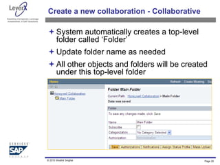 Assisting Companies Leverage
Investments in SAP Solutions
Create a new collaboration - Collaborative
System automatically creates a top-level
folder called ‘Folder’
Update folder name as needed
All other objects and folders will be created
under this top-level folder
Page 20
© 2010 Shobhit Singhal
 