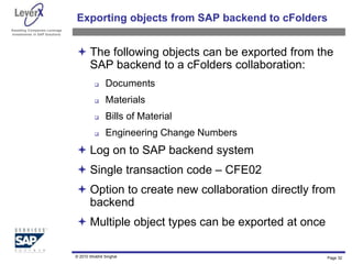 Assisting Companies Leverage
Investments in SAP Solutions
Exporting objects from SAP backend to cFolders
 The following objects can be exported from the
SAP backend to a cFolders collaboration:
 Documents
 Materials
 Bills of Material
 Engineering Change Numbers
 Log on to SAP backend system
 Single transaction code – CFE02
 Option to create new collaboration directly from
backend
 Multiple object types can be exported at once
Page 32
© 2010 Shobhit Singhal
 