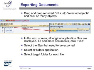 Assisting Companies Leverage
Investments in SAP Solutions
Exporting Documents
 Drag and drop required DIRs into ‘selected objects’
and click on ‘copy objects’
 In the next screen, all original application files are
displayed. To add more documents, click ‘Find’
 Select the files that need to be exported
 Select cFolders application
 Select target folder for each file
Page 35
© 2010 Shobhit Singhal
 