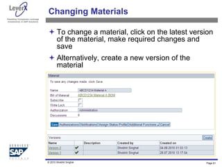 Assisting Companies Leverage
Investments in SAP Solutions
Changing Materials
 To change a material, click on the latest version
of the material, make required changes and
save
 Alternatively, create a new version of the
material
Page 61
© 2010 Shobhit Singhal
 