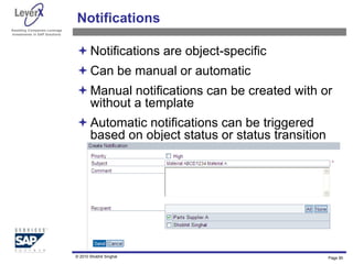 Assisting Companies Leverage
Investments in SAP Solutions
Notifications
Notifications are object-specific
Can be manual or automatic
Manual notifications can be created with or
without a template
Automatic notifications can be triggered
based on object status or status transition
Page 90
© 2010 Shobhit Singhal
 