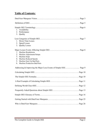 The Complete Guide to Simple OEE Page 2
Table of Contents:
DataVisor Marquees Vision………………………………………………………... Page 3
Definition of OEE………………………………………………………………….. Page 5
Simple OEE Terminology………………………………………………………….. Page 6
1. Availability
2. Performance
3. Quality
Loss Categories of Simple OEE……………………………………………………. Page 7
1. Down Time Losses
2. Speed Losses
3. Quality Losses
Major Losses Events Affecting Simple OEE……………………………………..... Page 8
1. Machine Breakdowns
2. Machine Adjustments/Setups
3. Machine Stops
4. Machine Reduced Speeds
5. Machine Start Up Bad Parts
6. Machine Production Bad Parts
Addressing & Improving the Major Loss Events of Simple OEE……………….... Page 9
Calculating Simple OEE………………………………………………………….. Page 10
The Simple OEE Formulas……………………………………………………….. Page 10
A Real Example of Calculating Simple OEE…………………………………….. Page 11
Defining World Class OEE……………………………………………………….. Page 12
Frequently Asked Questions about Simple OEE…………………………………. Page 13
Simple OEE Glossary of Terms…………………………………………………... Page 16
Getting Started with DataVisor Marquees………………………………………... Page 25
Who is DataVisor Marquees……………….……………………………………... Page 26
 