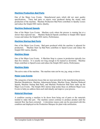 The Complete Guide to Simple OEE Page 20
Machine Production Bad Parts
One of the Major Loss Events. Manufactured parts which did not meet quality
specifications. These bad parts or rejects were produced during the steady state
production of the machine. Machine Production Bad Parts contribute to Quality Losses
and reduce the Simple OEE metric, Quality.
Machine Reduced Speeds
One of the Major Loss Events. Machine cycle where the process is running but at a
slower than expected rate. Machine Reduced Speeds contribute to Simple OEE Speed
Losses and reduce the Simple OEE metric, Performance.
Machine Startup Bad Parts
One of the Major Loss Events. Bad parts produced while the machine is adjusted for
production. Machine Start Up Bad Parts contribute to Speed Losses and reduce the
Simple OEE metric, Quality.
Machine Stops
One of the Major Loss Events. A Machine Stop is a pause in production typically less
than five minutes. It is usually not long enough to be tracked as downtime. Machine
Stops contribute to Speed Losses and reduce the Simple OEE metric, Performance.
Machine State
The active state of the machine. The machine state can be run, jog, setup, or down.
Major Loss Events
The categories of production losses that are most prevalent in the manufacturing process.
Machine Breakdowns, Machine Adjustments/Setups, Machine Stops, Machine Reduced
Speeds, Machine Startup Bad Parts, and Machine Production Bad Parts make up the
Major Loss Events. The Simple OEE metrics help isolate these six different Major Loss
Events to help you address them each individually and improve your process.
Material Shortage
A condition causing a machine to be down from being out of parts or the materials
needed to make that part. The machine cannot continue to produce product until the
material flow has been corrected. A downtime reason code can be associated with this
condition and displayed on the Production Marquee for plant wide notification.
 