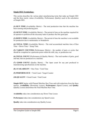 The Complete Guide to Simple OEE Page 6
Simple OEE Terminology:
This section describes the various plant manufacturing terms that make up Simple OEE
and the three metric values (Availability, Performance, Quality) used in the calculation
of Simple OEE.
(1) RUN TIME (Availability Metric) - The total production time that the machine has
been running and producing parts.
(2) SETUP TIME (Availability Metric) - The period of time on the machine required for
an operator to perform all the necessary tasks to produce the first good part.
(3) DOWN TIME (Availability Metric) - The period of time the machine is not available
for production due to maintenance or breakdown
(4) TOTAL TIME (Availability Metric) - The total accumulated machine time of Run
Time + Down Time + Setup Time.
(5) TARGET COUNTER (Performance Metric) - the number of parts or cycles that
should be completed at a particular point within the shift, day, or production run.
(6) TOTAL COUNT (Performance & Quality Metric) - The total number of parts, good
and bad, that are produced on a machine.
(7) GOOD COUNT (Quality Metric) - The input count for any part produced to
manufacturing specifications on the machine.
(8) AVAILABILITY = Run Time / Total Time
(9) PERFORMANCE = Total Count / Target Counter
(10) QUALITY = Good Count / Total Count
Simple OEE begins with Planned Machine Run Time and with reductions from the three
metrics, Availability (Downtime Losses), Performance (Speed Losses), and Quality
(Quality Losses) determines the Final Machine Run Time.
Availability takes into consideration any Down Time Losses
Performance takes into consideration any Speed Losses
Quality takes into consideration any Quality Losses
 