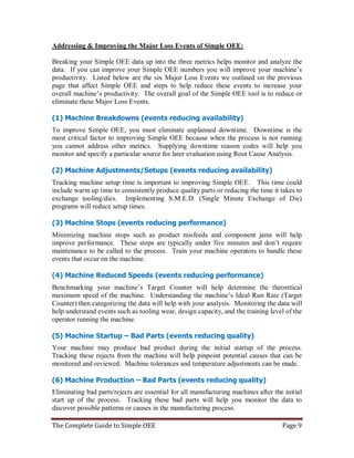 The Complete Guide to Simple OEE Page 9
Addressing & Improving the Major Loss Events of Simple OEE:
Breaking your Simple OEE data up into the three metrics helps monitor and analyze the
data. If you can improve your Simple OEE numbers you will improve your machine’s
productivity. Listed below are the six Major Loss Events we outlined on the previous
page that affect Simple OEE and steps to help reduce these events to increase your
overall machine’s productivity. The overall goal of the Simple OEE tool is to reduce or
eliminate these Major Loss Events.
(1) Machine Breakdowns (events reducing availability)
To improve Simple OEE, you must eliminate unplanned downtime. Downtime is the
most critical factor to improving Simple OEE because when the process is not running
you cannot address other metrics. Supplying downtime reason codes will help you
monitor and specify a particular source for later evaluation using Root Cause Analysis.
(2) Machine Adjustments/Setups (events reducing availability)
Tracking machine setup time is important to improving Simple OEE. This time could
include warm up time to consistently produce quality parts or reducing the time it takes to
exchange tooling/dies. Implementing S.M.E.D. (Single Minute Exchange of Die)
programs will reduce setup times.
(3) Machine Stops (events reducing performance)
Minimizing machine stops such as product misfeeds and component jams will help
improve performance. These stops are typically under five minutes and don’t require
maintenance to be called to the process. Train your machine operators to handle these
events that occur on the machine.
(4) Machine Reduced Speeds (events reducing performance)
Benchmarking your machine’s Target Counter will help determine the theoretical
maximum speed of the machine. Understanding the machine’s Ideal Run Rate (Target
Counter) then categorizing the data will help with your analysis. Monitoring the data will
help understand events such as tooling wear, design capacity, and the training level of the
operator running the machine.
(5) Machine Startup – Bad Parts (events reducing quality)
Your machine may produce bad product during the initial startup of the process.
Tracking these rejects from the machine will help pinpoint potential causes that can be
monitored and reviewed. Machine tolerances and temperature adjustments can be made.
(6) Machine Production – Bad Parts (events reducing quality)
Eliminating bad parts/rejects are essential for all manufacturing machines after the initial
start up of the process. Tracking these bad parts will help you monitor the data to
discover possible patterns or causes in the manufacturing process.
 