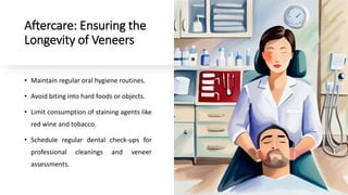 Aftercare: Ensuring the
Longevity of Veneers
• Maintain regular oral hygiene routines.
• Avoid biting into hard foods or objects.
• Limit consumption of staining agents like
red wine and tobacco.
• Schedule regular dental check-ups for
professional cleanings and veneer
assessments.
 