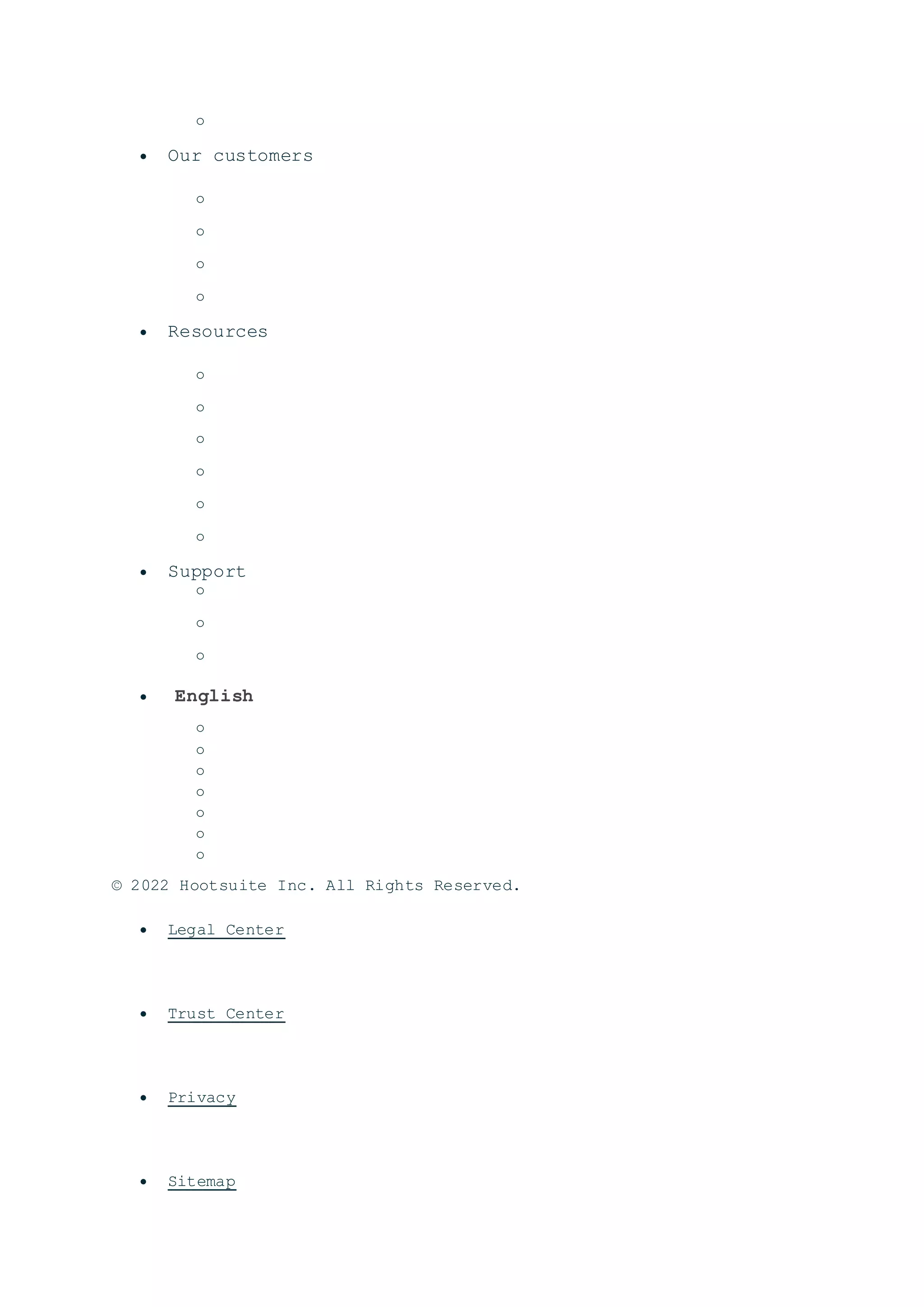 o Enterprise
 Our customers
o Case studies
o See all industries
o Integrations
o Partners
 Resources
o Academy
o Blog
o Resource Library
o Webinars
o Events
o App directory
 Support
o Need help?
o Help center
o Product updates
 English
o
o
o
o
o
o
o
© 2022 Hootsuite Inc. All Rights Reserved.
 Legal Center
 Trust Center
 Privacy
 Sitemap
 