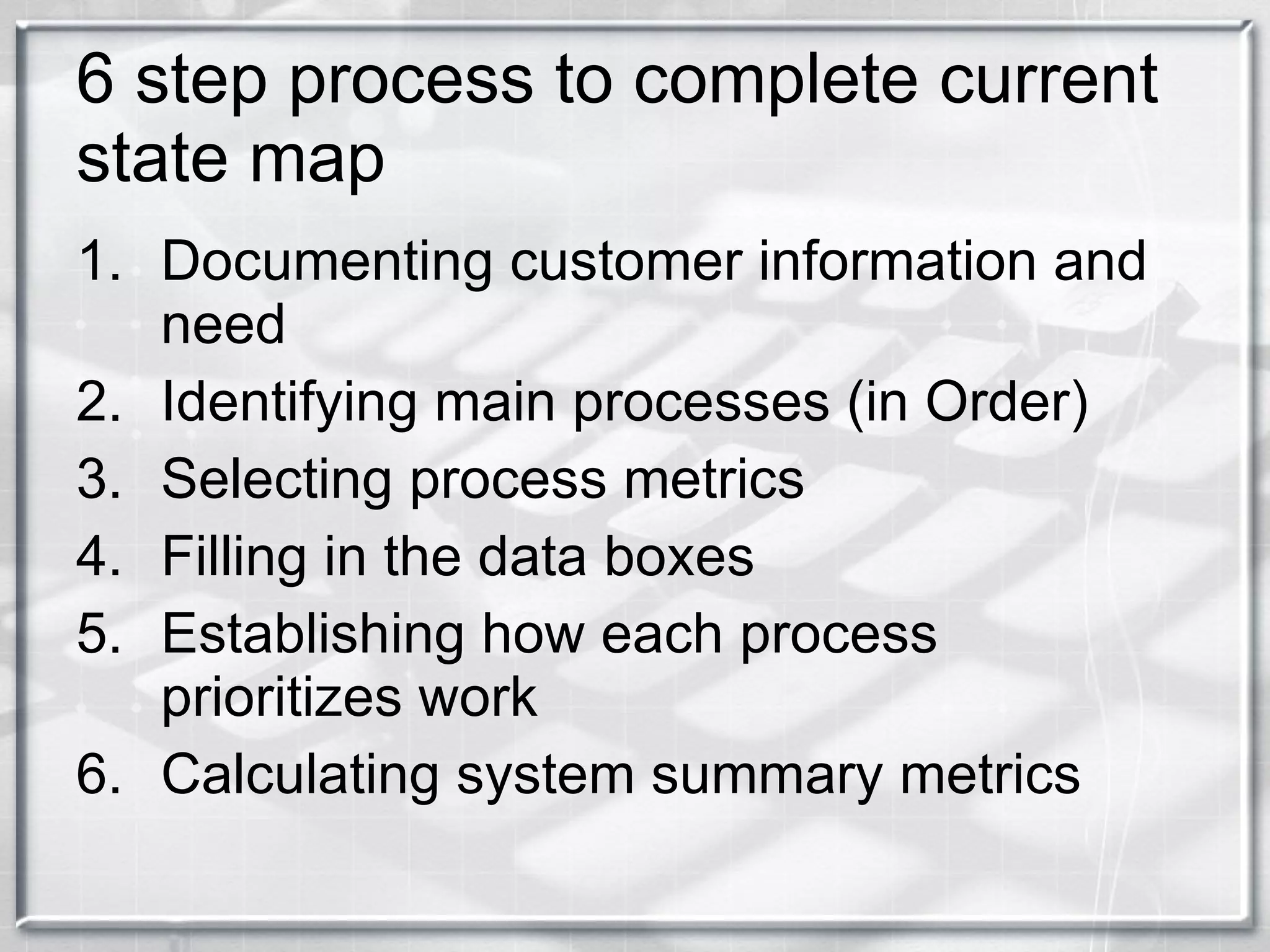 6 step process to complete current state map Documenting customer information and need Identifying main processes (in Order) Selecting process metrics Filling in the data boxes Establishing how each process prioritizes work Calculating system summary metrics 