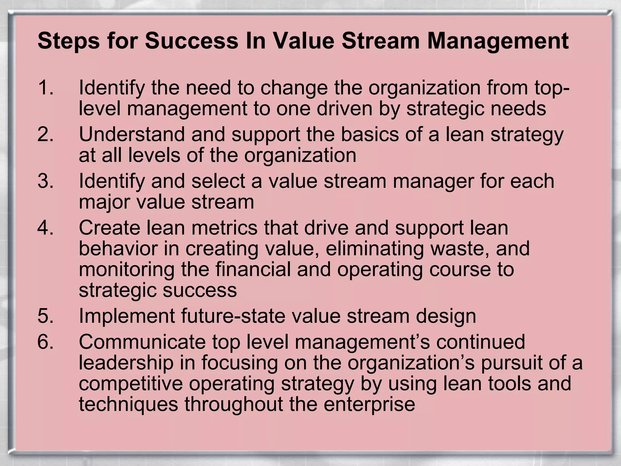 Steps for Success In Value Stream Management Identify the need to change the organization from top-level management to one driven by strategic needs Understand and support the basics of a lean strategy at all levels of the organization Identify and select a value stream manager for each major value stream Create lean metrics that drive and support lean behavior in creating value, eliminating waste, and monitoring the financial and operating course to strategic success Implement future-state value stream design Communicate top level management’s continued leadership in focusing on the organization’s pursuit of a competitive operating strategy by using lean tools and techniques throughout the enterprise 