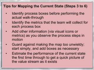 Tips for Mapping the Current State (Steps 3 to 6) Identify process boxes before performing the actual walk-through Identify the metrics that the team will collect for each process box Add other information (via visual icons or metrics) as you observe the process steps in motion Guard against making the map too unwieldy; start simply, and add boxes as necessary Estimate the performance of the current state the first time through to get a quick picture of the value stream as it exists 