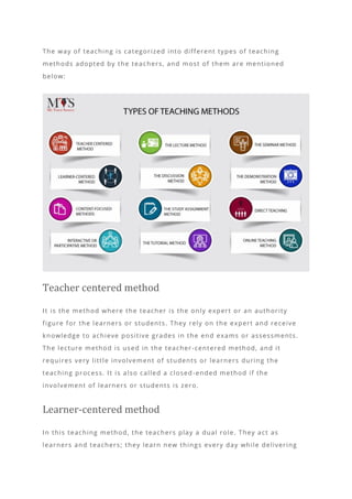 The way of teaching is categorized into different types of teaching
methods adopted by the teachers, and most of them are ...