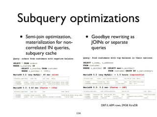 Subquery optimizations
• Semi-join optimization,
materialization for non-
correlated IN queries,
subquery cache	

!
!
!
• Goodbye rewriting as
JOINs or separate
queries
DBT-3, 60M rows, 29GB XtraDB
114
 