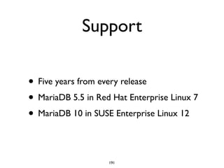 Support
• Five years from every release	

• MariaDB 5.5 in Red Hat Enterprise Linux 7	

• MariaDB 10 in SUSE Enterprise Linux 12
191
 