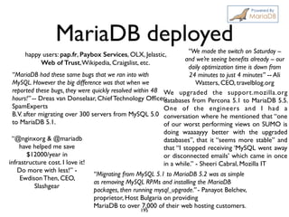 MariaDB deployed
“MariaDB had these same bugs that we ran into with
MySQL. However the big difference was that when we
reported these bugs, they were quickly resolved within 48
hours!” -- Dreas van Donselaar, Chief Technology Ofﬁcer,
SpamExperts	

B.V. after migrating over 300 servers from MySQL 5.0
to MariaDB 5.1.
“Migrating from MySQL 5.1 to MariaDB 5.2 was as simple
as removing MySQL RPMs and installing the MariaDB
packages, then running mysql_upgrade.” - Panayot Belchev,
proprietor, Host Bulgaria on providing	

MariaDB to over 7,000 of their web hosting customers.
“We made the switch on Saturday --
and we’re seeing beneﬁts already -- our
daily optimization time is down from
24 minutes to just 4 minutes” -- Ali
Watters, CEO, travelblog.org
happy users: pap.fr, Paybox Services, OLX, Jelastic,
Web of Trust,Wikipedia, Craigslist, etc.
“@nginxorg & @mariadb
have helped me save
$12000/year in
infrastructure cost. I love it!
Do more with less!” -
Ewdison Then, CEO,
Slashgear
We upgraded the support.mozilla.org
databases from Percona 5.1 to MariaDB 5.5.
One of the engineers and I had a
conversation where he mentioned that “one
of our worst performing views on SUMO is
doing waaaayyy better with the upgraded
databases”, that it “seems more stable” and
that “I stopped receiving ‘MySQL went away
or disconnected emails’ which came in once
in a while.” - Sheeri Cabral, Mozilla IT
195
 