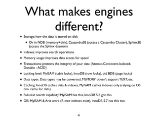 What makes engines
different?
• Storage: how the data is stored on disk	

• Or in NDB (memory+disk), CassandraSE (access a Cassandra Cluster), SphinxSE
(access the Sphinx daemon) 	

• Indexes: improves search operations	

• Memory usage: improves data access for speed	

• Transactions: protects the integrity of your data (Atomic-Consistent-Isolated-
Durable - ACID)	

• Locking level: MyISAM (table locks), InnoDB (row locks), old BDB (page locks)	

• Data types: Data types may be converted, MEMORY doesn’t support TEXT, etc.	

• Caching: InnoDB caches data & indexes, MyISAM caches indexes only (relying on OS
disk cache for data)	

• Full-text search capability: MyISAM has this, InnoDB 5.6 got this	

• GIS: MyISAM & Aria work (R-tree indexes exist), InnoDB 5.7 has this too
41
 