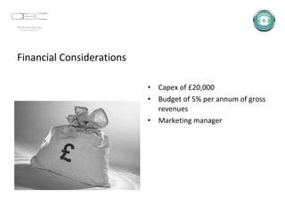 Financial Considerations Capex of £20,000 Budget of 5% per annum of gross revenues Marketing manager 
