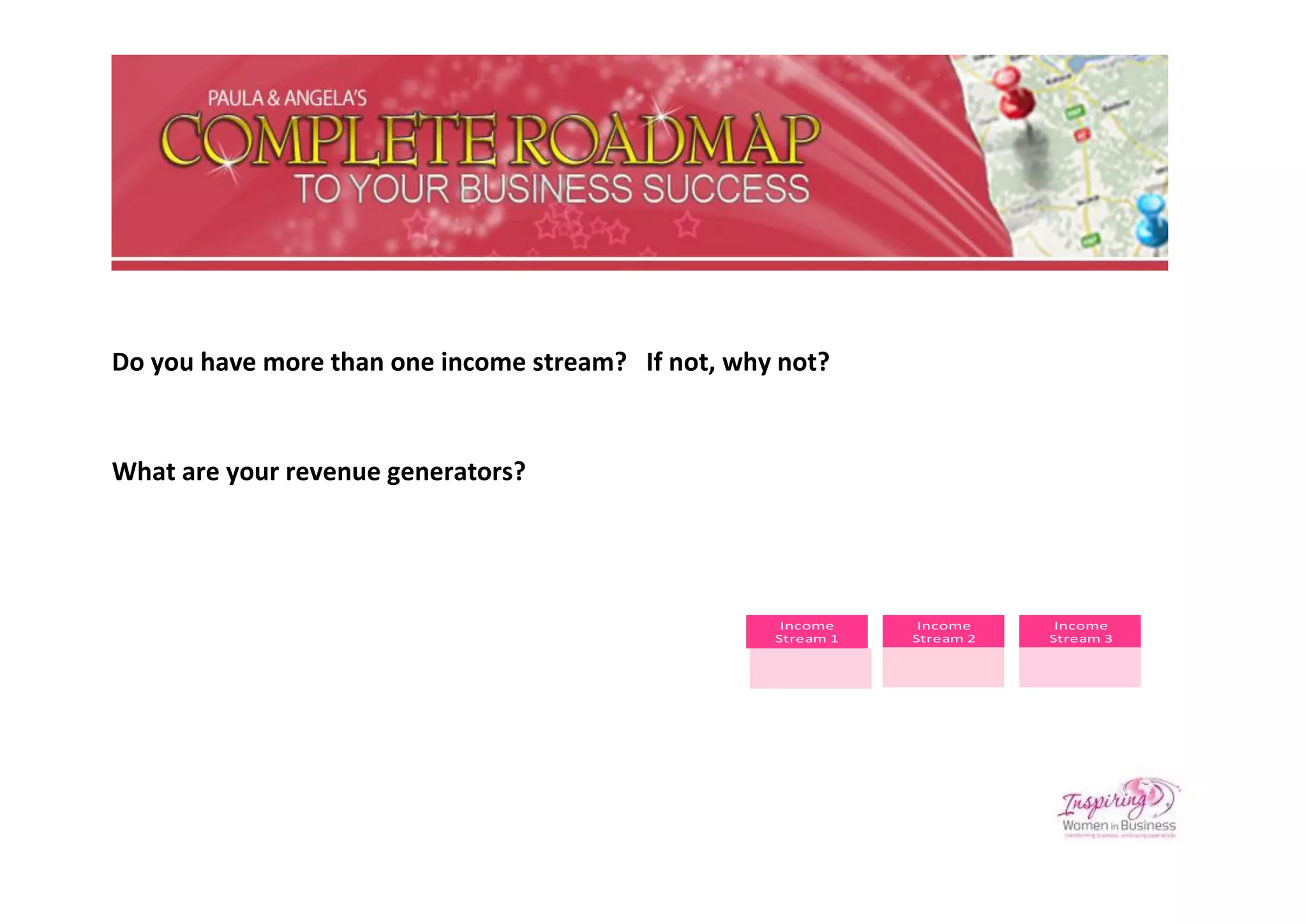 Do you have more than one income stream? If not, why not?


What are your revenue generators?




                                                     Income     Income     Income
                                                    Stream 1   Stream 2   Stream 3
 