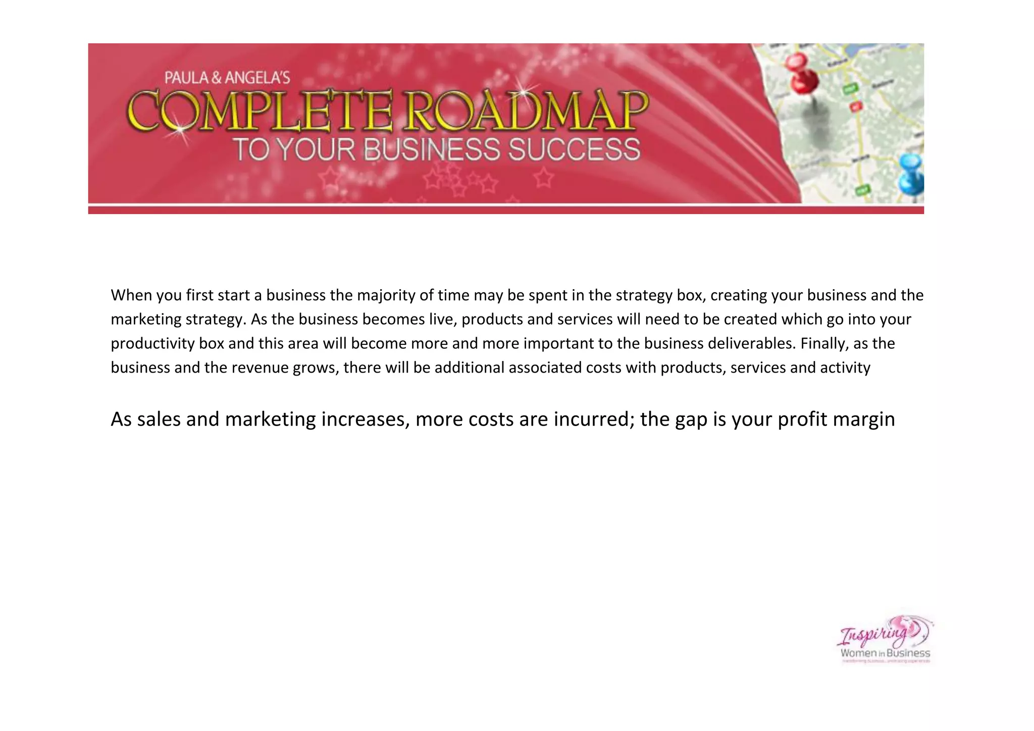 When you first start a business the majority of time may be spent in the strategy box, creating your business and the
marketing strategy. As the business becomes live, products and services will need to be created which go into your
productivity box and this area will become more and more important to the business deliverables. Finally, as the
business and the revenue grows, there will be additional associated costs with products, services and activity


As sales and marketing increases, more costs are incurred; the gap is your profit margin
 