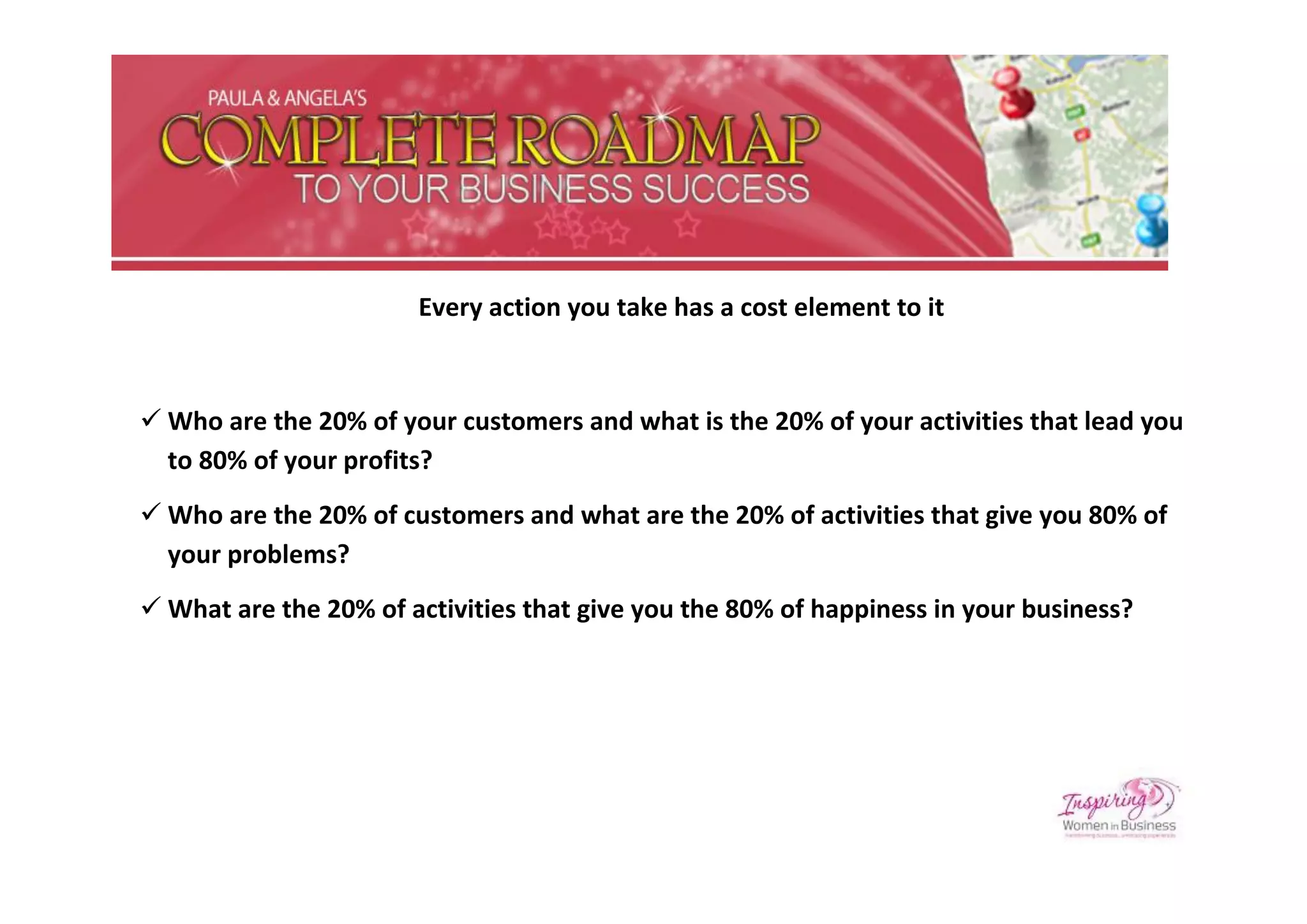 Every action you take has a cost element to it



 Who are the 20% of your customers and what is the 20% of your activities that lead you
  to 80% of your profits?
 Who are the 20% of customers and what are the 20% of activities that give you 80% of
  your problems?
 What are the 20% of activities that give you the 80% of happiness in your business?
 