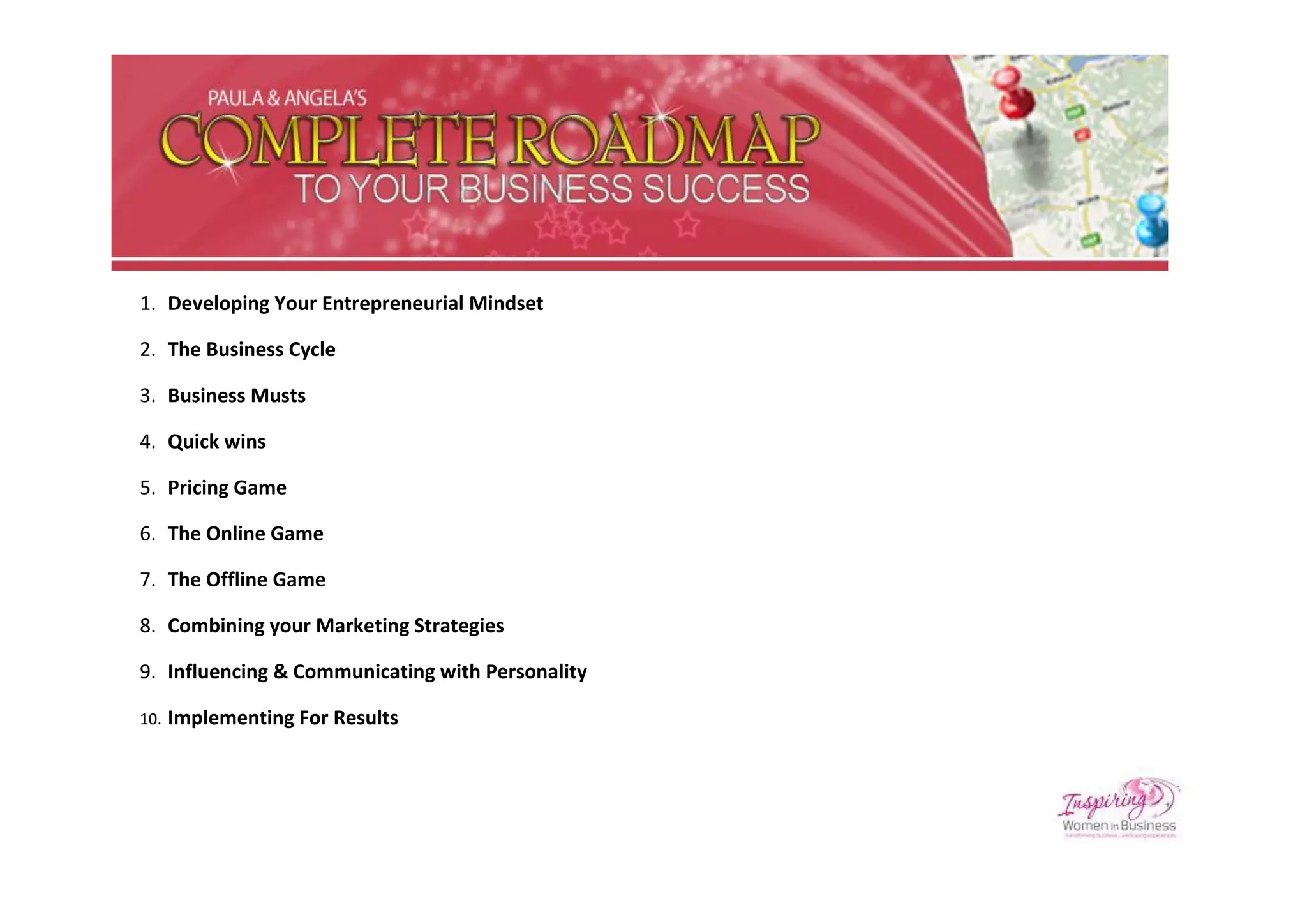 1. Developing Your Entrepreneurial Mindset

2. The Business Cycle

3. Business Musts

4. Quick wins

5. Pricing Game

6. The Online Game

7. The Offline Game

8. Combining your Marketing Strategies

9. Influencing & Communicating with Personality

10.   Implementing For Results
 