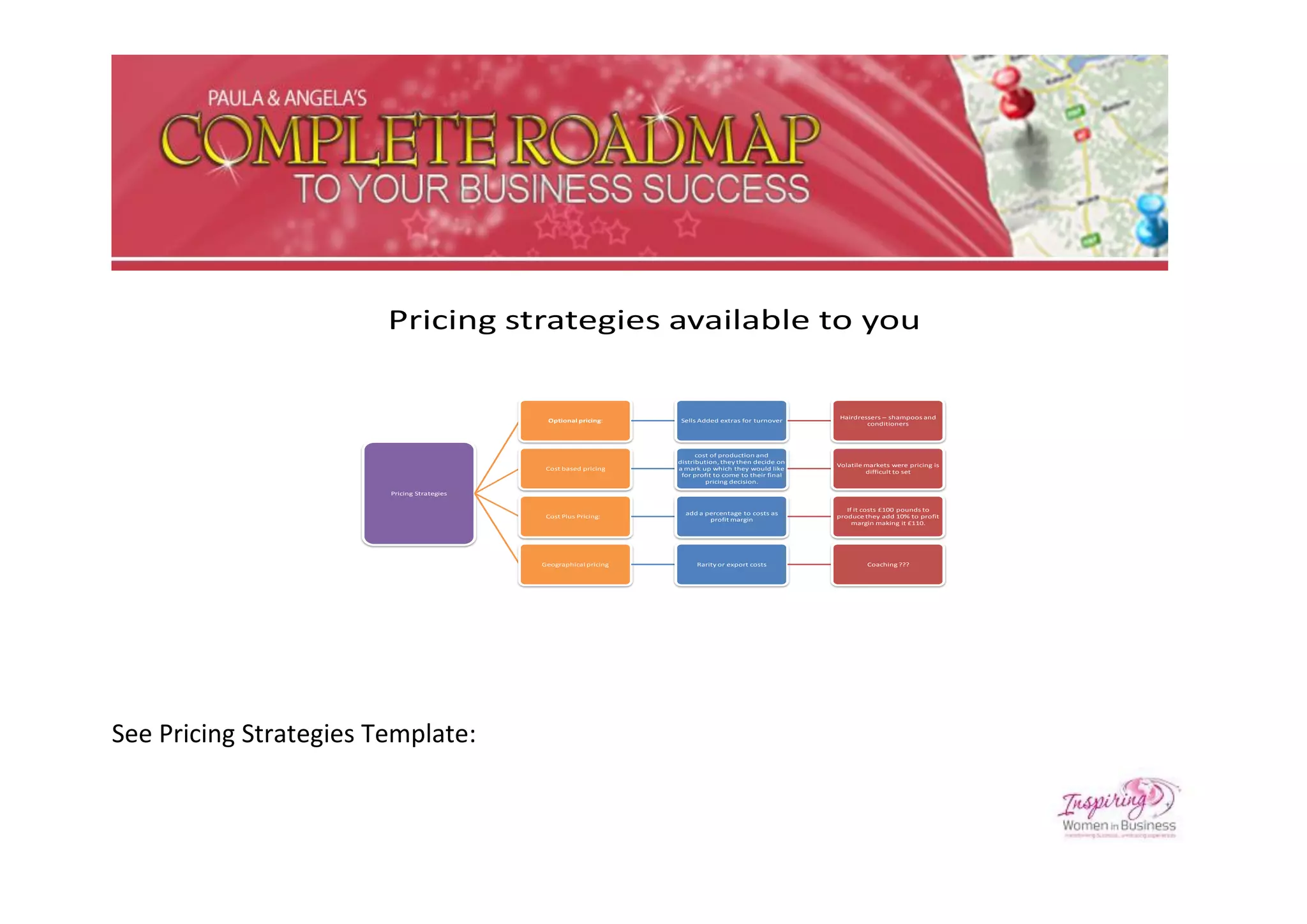 Pricing strategies available to you


                                                                                                         Hairdressers – shampoos and
                                              Optional pricing:      Sells Added extras for turnover
                                                                                                                 conditioners




                                                                          cost of production and
                                                                    distribution, they then decide on
                                                                                                         Volatile markets were pricing is
                                              Cost based pricing    a mark up which they would like
                                                                                                                  difficult to set
                                                                     for profit to come to their final
                                                                             pricing decision.
                        Pricing Strategies

                                                                                                            If it costs £100 pounds to
                                                                      add a percentage to costs as
                                              Cost Plus Pricing:                                         produce they add 10% to profit
                                                                             profit margin
                                                                                                              margin making it £110.




                                             Geographical pricing         Rarity or export costs                  Coaching ???




See Pricing Strategies Template:
 