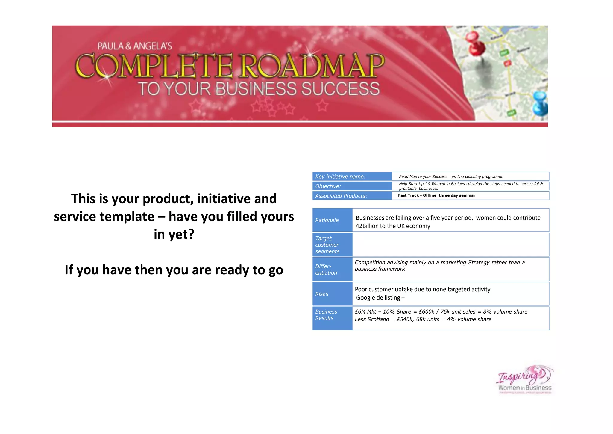 Key initiative name:            Road Map to your Success – on line coaching programme
                                                                           Help Start Ups’ & Women in Business develop the steps needed to successful &
                                           Objective:                      profitable businesses


   This is your product, initiative and    Associated Products:            Fast Track - Offline three day seminar




service template – have you filled yours   Rationale       Businesses are failing over a five year period, women could contribute
                                                           42Billion to the UK economy
                  in yet?                  Target
                                           customer
                                           segments

                                                          Competition advising mainly on a marketing Strategy rather than a
                                           Differ-
 If you have then you are ready to go      entiation
                                                          business framework


                                                          Poor customer uptake due to none targeted activity
                                           Risks
                                                          Google de listing –

                                           Business       £6M Mkt – 10% Share = £600k / 76k unit sales = 8% volume share
                                           Results        Less Scotland = £540k, 68k units = 4% volume share
 