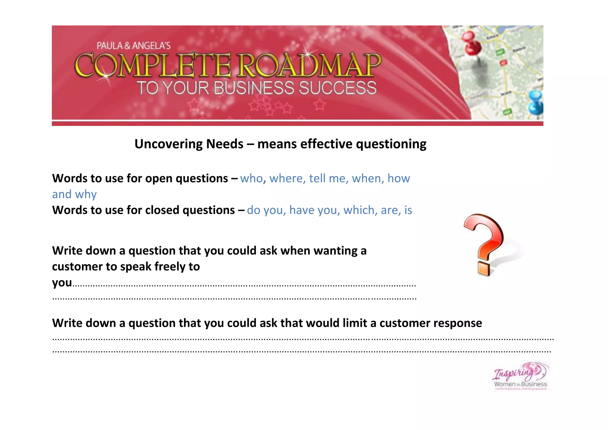 Uncovering Needs – means effective questioning

Words to use for open questions – who, where, tell me, when, how
and why
Words to use for closed questions – do you, have you, which, are, is


Write down a question that you could ask when wanting a
customer to speak freely to
you.......................................................................................................................................
...............................................................................................................................................

Write down a question that you could ask that would limit a customer response
.....................................................................................................................................................................................................
....................................................................................................................................................................................................
 