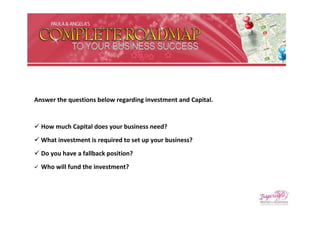 Answer the questions below regarding investment and Capital.


 How much Capital does your business need?
 What investment is required to set up your business?
 Do you have a fallback position?
   Who will fund the investment?
 