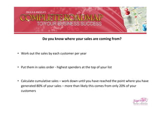 Do you know where your sales are coming from?


• Work out the sales by each customer per year


• Put them in sales order - highest spenders at the top of your list


• Calculate cumulative sales – work down until you have reached the point where you have
  generated 80% of your sales – more than likely this comes from only 20% of your
  customers
 
