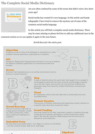 The Complete Social Media Dictionary
Are you often confused by some of the terms that didn’t exist a few short
years ago?
Social media has created it’s own language. In this article and handy
infographic I have tried to remove the mystery out of some of the
common social media language.
In this article you will find a complete social media dictionary. There
may be some missing so please feel free to add any additional ones in the
comment section so we can update it again in the near future.
Scroll down for the entire post
 