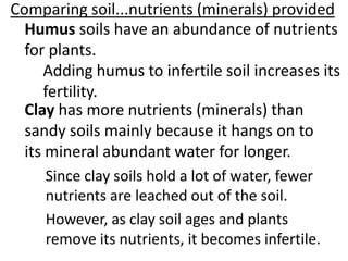 Comparing soil...nutrients (minerals) provided
  Humus soils have an abundance of nutrients
  for plants.
     Adding humus to infertile soil increases its
     fertility.
  Clay has more nutrients (minerals) than
  sandy soils mainly because it hangs on to
  its mineral abundant water for longer.
     Since clay soils hold a lot of water, fewer
     nutrients are leached out of the soil.
     However, as clay soil ages and plants
     remove its nutrients, it becomes infertile.
 