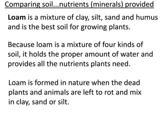 Comparing soil...nutrients (minerals) provided
Loam is a mixture of clay, silt, sand and humus
and is the best soil for growing plants.

Because loam is a mixture of four kinds of
soil, it holds the proper amount of water and
provides all the nutrients plants need.

 Loam is formed in nature when the dead
 plants and animals are left to rot and mix
 in clay, sand or silt.
 