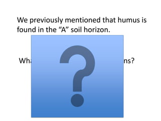 We previously mentioned that humus is
found in the “A” soil horizon.


What do we mean by soil horizons?
 