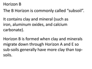 Horizon B
The B Horizon is commonly called “subsoil”.
It contains clay and mineral (such as
iron, aluminum oxides, and calcium
carbonate).

Horizon B is formed when clay and minerals
migrate down through Horizon A and E so
sub-soils generally have more clay than top-
soils.
 