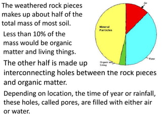 The weathered rock pieces
makes up about half of the
total mass of most soil.
 Less than 10% of the
 mass would be organic
 matter and living things.
The other half is made up of vast numbers of
interconnecting holes between the rock pieces
and organic matter.
Depending on location, the time of year or
rainfall, these holes, called pores, are filled with
either air or water.
 