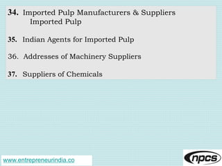 www.entrepreneurindia.co
34. Imported Pulp Manufacturers & Suppliers
Imported Pulp
35. Indian Agents for Imported Pulp
36....