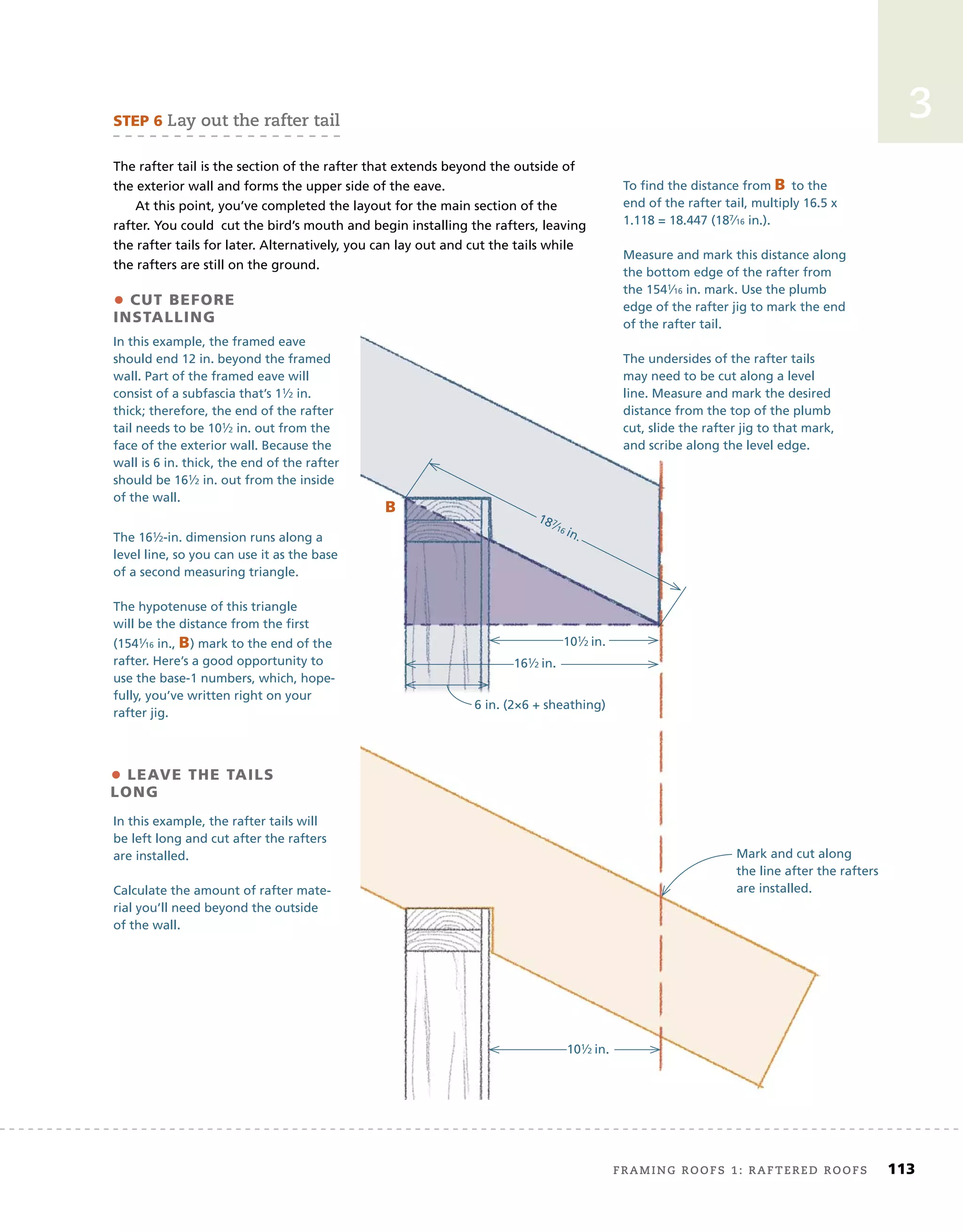 framing roofs 1: raftered roofs	 113
3
To ﬁnd the distance from B	to the
end of the rafter tail, multiply 16.5 x
1.118 = 18.447 (187⁄16 in.).
Measure and mark this distance along
the bottom edge of the rafter from
the 1541⁄16 in. mark. Use the plumb
edge of the rafter jig to mark the end
of the rafter tail.
The undersides of the rafter tails
may need to be cut along a level
line. Measure and mark the desired
distance from the top of the plumb
cut, slide the rafter jig to that mark,
and scribe along the level edge.
STEP	6	lay out the rafter tail
The rafter tail is the section of the rafter that extends beyond the outside of
the exterior wall and forms the upper side of the eave.
At this point, you’ve completed the layout for the main section of the
rafter. You could cut the bird’s mouth and begin installing the rafters, leaving
the rafter tails for later. Alternatively, you can lay out and cut the tails while
the rafters are still on the ground.
In this example, the rafter tails will
be left long and cut after the rafters
are installed.
Calculate the amount of rafter mate-
rial you’ll need beyond the outside
of the wall.
B
•	CUT	BEFORE	
INSTALLING	
In this example, the framed eave
should end 12 in. beyond the framed
wall. Part of the framed eave will
consist of a subfascia that’s 11⁄2 in.
thick; therefore, the end of the rafter
tail needs to be 101⁄2 in. out from the
face of the exterior wall. Because the
wall is 6 in. thick, the end of the rafter
should be 161⁄2 in. out from the inside
of the wall.
The 161⁄2-in. dimension runs along a
level line, so you can use it as the base
of a second measuring triangle.
The hypotenuse of this triangle
will be the distance from the ﬁrst
(1541⁄16 in., B) mark to the end of the
rafter. Here’s a good opportunity to
use the base-1 numbers, which, hope-
fully, you’ve written right on your
rafter jig.
•	LEAVE	THE	TAILS	
LONG	
6 in. (2×6 + sheathing)
187
⁄16 in.
101⁄2 in.
161⁄2 in.
101⁄2 in.
Mark and cut along
the line after the rafters
are installed.
 