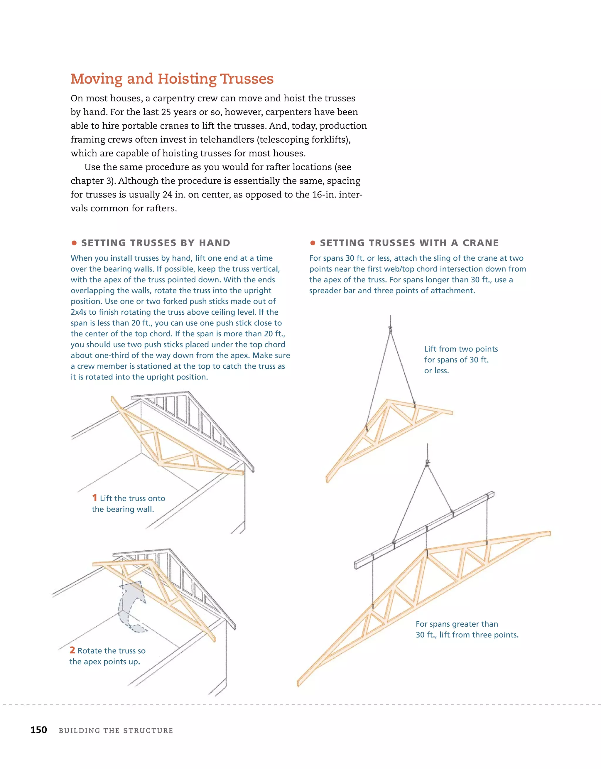 150 BUILDING THE STRUCTURE
Moving and Hoisting Trusses
On most houses, a carpentry crew can move and hoist the trusses
by hand. For the last 25 years or so, however, carpenters have been
able to hire portable cranes to lift the trusses. And, today, production
framing crews often invest in telehandlers (telescoping forklifts),
which are capable of hoisting trusses for most houses.
Use the same procedure as you would for rafter locations (see
chapter 3). Although the procedure is essentially the same, spacing
for trusses is usually 24 in. on center, as opposed to the 16-in. inter-
vals common for rafters.
• SETTING TRUSSES BY HAND
When you install trusses by hand, lift one end at a time
over the bearing walls. If possible, keep the truss vertical,
with the apex of the truss pointed down. With the ends
overlapping the walls, rotate the truss into the upright
position. Use one or two forked push sticks made out of
2x4s to finish rotating the truss above ceiling level. If the
span is less than 20 ft., you can use one push stick close to
the center of the top chord. If the span is more than 20 ft.,
you should use two push sticks placed under the top chord
about one-third of the way down from the apex. Make sure
a crew member is stationed at the top to catch the truss as
it is rotated into the upright position.
• SETTING TRUSSES WITH A CRANE
For spans 30 ft. or less, attach the sling of the crane at two
points near the first web/top chord intersection down from
the apex of the truss. For spans longer than 30 ft., use a
spreader bar and three points of attachment.
Lift from two points
for spans of 30 ft.
or less.
For spans greater than
30 ft., lift from three points.
1 Lift the truss onto
the bearing wall.
2 Rotate the truss so
the apex points up.
 