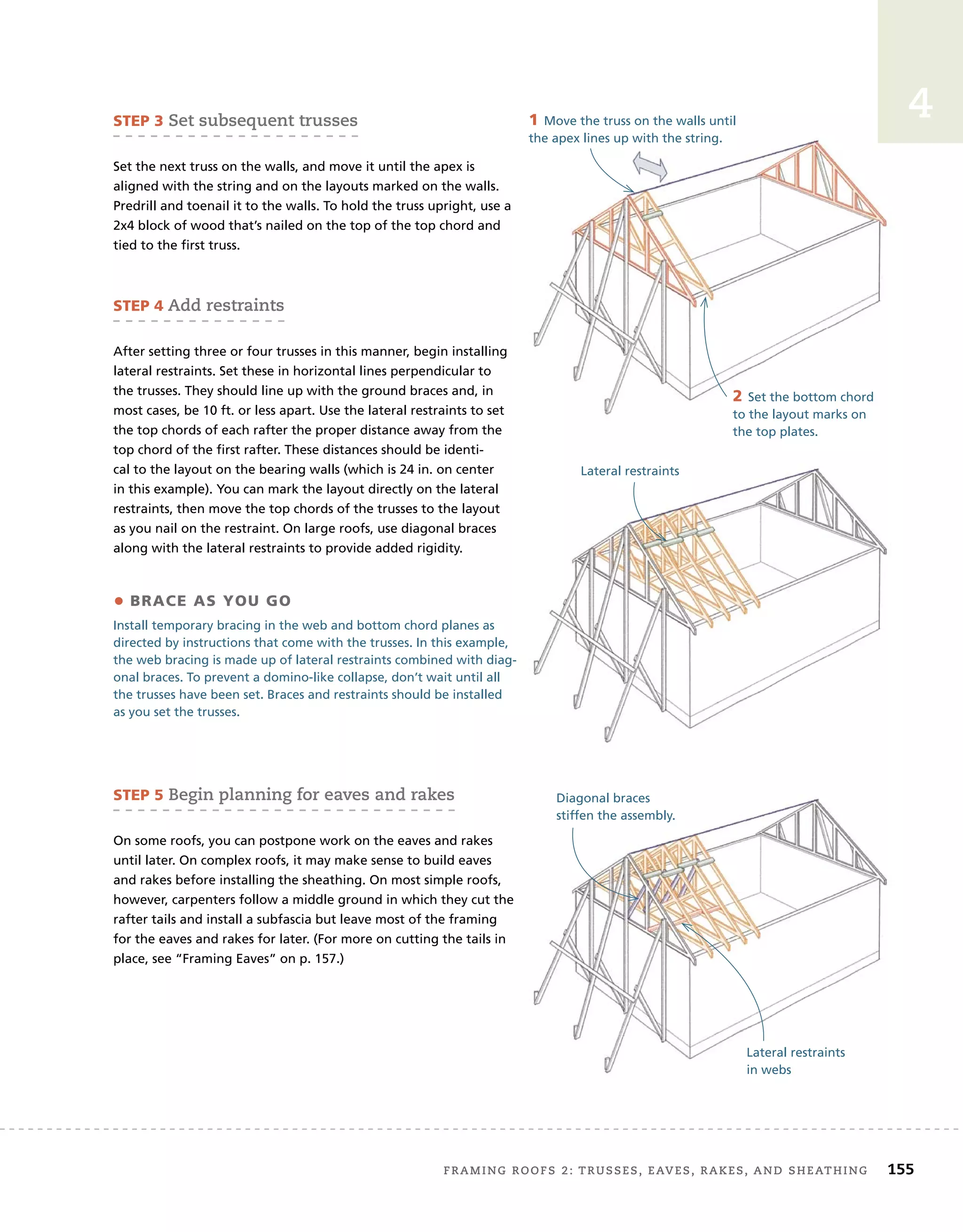 FRAMING ROOFS 2: TRUSSES, EAVES, RAKES, AND SHEATHING 155
4
STEP 3 Set subsequent trusses
Set the next truss on the walls, and move it until the apex is
aligned with the string and on the layouts marked on the walls.
Predrill and toenail it to the walls. To hold the truss upright, use a
2x4 block of wood that’s nailed on the top of the top chord and
tied to the first truss.
STEP 4 Add restraints
After setting three or four trusses in this manner, begin installing
lateral restraints. Set these in horizontal lines perpendicular to
the trusses. They should line up with the ground braces and, in
most cases, be 10 ft. or less apart. Use the lateral restraints to set
the top chords of each rafter the proper distance away from the
top chord of the first rafter. These distances should be identi-
cal to the layout on the bearing walls (which is 24 in. on center
in this example). You can mark the layout directly on the lateral
restraints, then move the top chords of the trusses to the layout
as you nail on the restraint. On large roofs, use diagonal braces
along with the lateral restraints to provide added rigidity.
• BRACE AS YOU GO
Install temporary bracing in the web and bottom chord planes as
directed by instructions that come with the trusses. In this example,
the web bracing is made up of lateral restraints combined with diag-
onal braces. To prevent a domino-like collapse, don’t wait until all
the trusses have been set. Braces and restraints should be installed
as you set the trusses.
STEP 5 Begin planning for eaves and rakes
On some roofs, you can postpone work on the eaves and rakes
until later. On complex roofs, it may make sense to build eaves
and rakes before installing the sheathing. On most simple roofs,
however, carpenters follow a middle ground in which they cut the
rafter tails and install a subfascia but leave most of the framing
for the eaves and rakes for later. (For more on cutting the tails in
place, see “Framing Eaves” on p. 157.)
1 Move the truss on the walls until
the apex lines up with the string.
2 Set the bottom chord
to the layout marks on
the top plates.
Lateral restraints
Diagonal braces
stiffen the assembly.
Lateral restraints
in webs
 