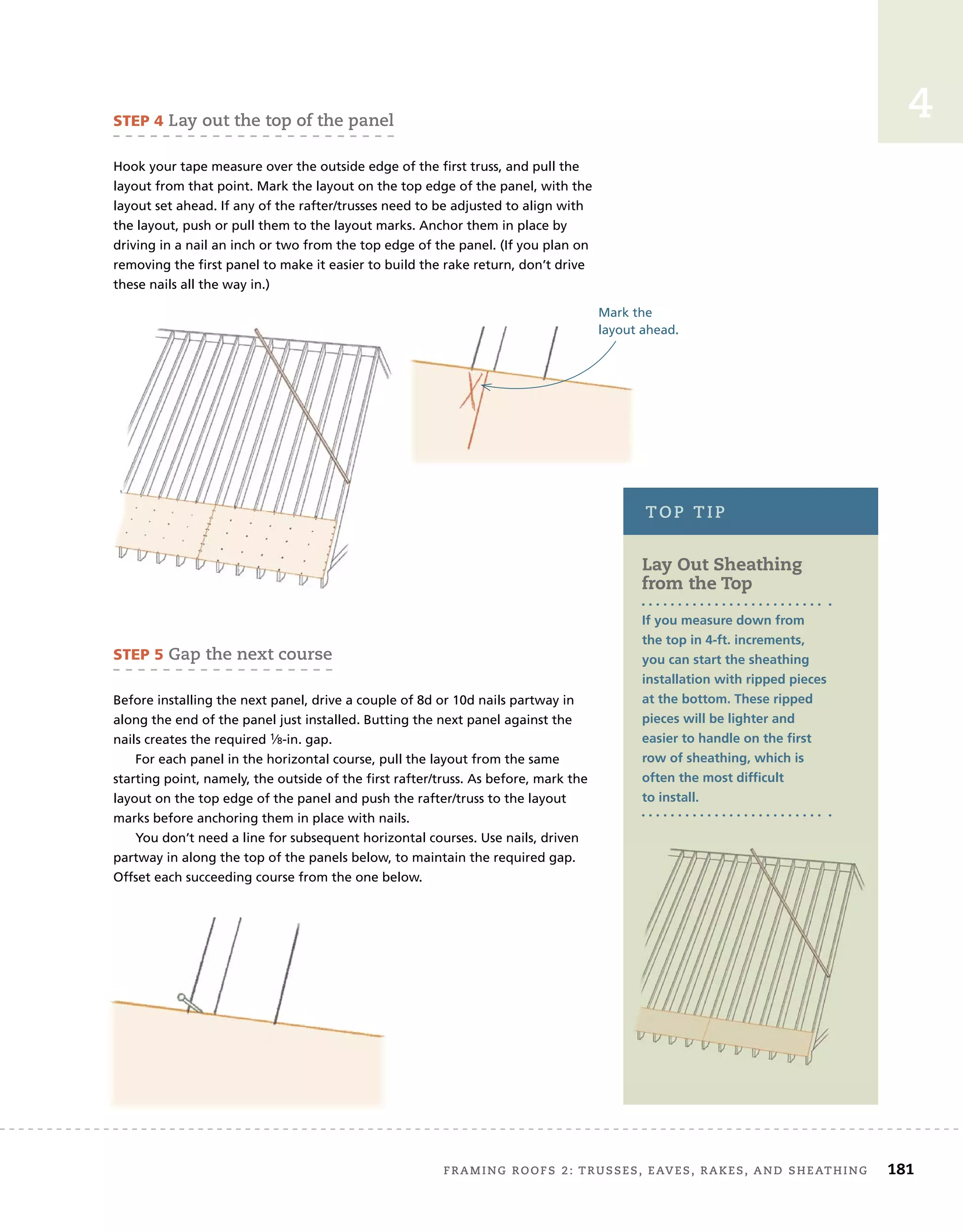 FRAMING ROOFS 2: TRUSSES, EAVES, RAKES, AND SHEATHING 181
4
STEP 5 Gap the next course
Before installing the next panel, drive a couple of 8d or 10d nails partway in
along the end of the panel just installed. Butting the next panel against the
nails creates the required 1⁄8-in. gap.
For each panel in the horizontal course, pull the layout from the same
starting point, namely, the outside of the first rafter/truss. As before, mark the
layout on the top edge of the panel and push the rafter/truss to the layout
marks before anchoring them in place with nails.
You don’t need a line for subsequent horizontal courses. Use nails, driven
partway in along the top of the panels below, to maintain the required gap.
Offset each succeeding course from the one below.
STEP 4 Lay out the top of the panel
Hook your tape measure over the outside edge of the first truss, and pull the
layout from that point. Mark the layout on the top edge of the panel, with the
layout set ahead. If any of the rafter/trusses need to be adjusted to align with
the layout, push or pull them to the layout marks. Anchor them in place by
driving in a nail an inch or two from the top edge of the panel. (If you plan on
removing the first panel to make it easier to build the rake return, don’t drive
these nails all the way in.)
Mark the
layout ahead.
TOP TIP
Lay Out Sheathing
from the Top
If you measure down from
the top in 4-ft. increments,
you can start the sheathing
installation with ripped pieces
at the bottom. These ripped
pieces will be lighter and
easier to handle on the first
row of sheathing, which is
often the most difficult
to install.
 