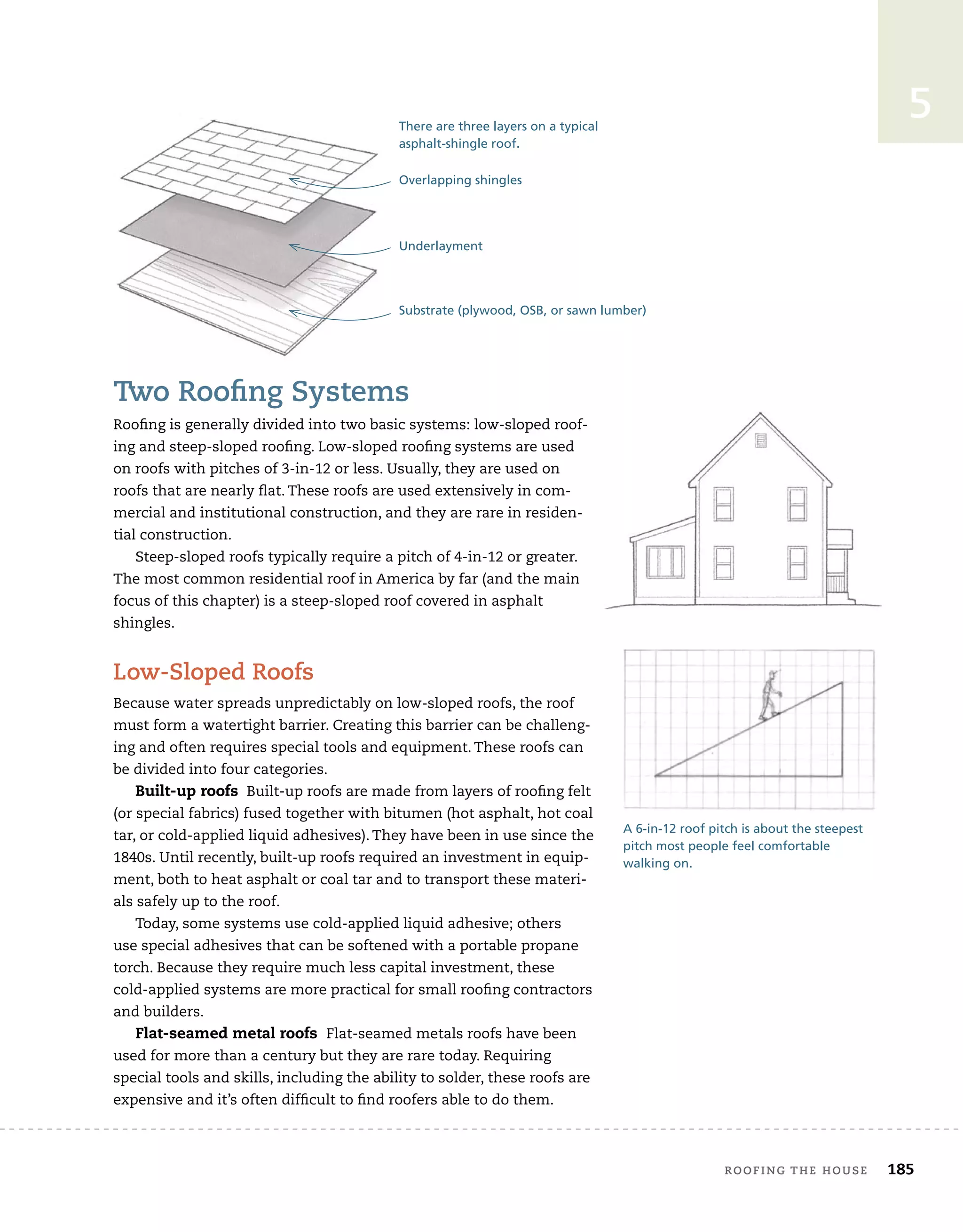 roofing tHe House 185
5
two roofing systems
Roofing is generally divided into two basic systems: low-sloped roof-
ing and steep-sloped roofing. Low-sloped roofing systems are used
on roofs with pitches of 3-in-12 or less. Usually, they are used on
roofs that are nearly flat. These roofs are used extensively in com-
mercial and institutional construction, and they are rare in residen-
tial construction.
Steep-sloped roofs typically require a pitch of 4-in-12 or greater.
The most common residential roof in America by far (and the main
focus of this chapter) is a steep-sloped roof covered in asphalt
shingles.
low-sloped roofs
Because water spreads unpredictably on low-sloped roofs, the roof
must form a watertight barrier. Creating this barrier can be challeng-
ing and often requires special tools and equipment. These roofs can
be divided into four categories.
Built-up roofs Built-up roofs are made from layers of roofing felt
(or special fabrics) fused together with bitumen (hot asphalt, hot coal
tar, or cold-applied liquid adhesives). They have been in use since the
1840s. Until recently, built-up roofs required an investment in equip-
ment, both to heat asphalt or coal tar and to transport these materi-
als safely up to the roof.
Today, some systems use cold-applied liquid adhesive; others
use special adhesives that can be softened with a portable propane
torch. Because they require much less capital investment, these
cold-applied systems are more practical for small roofing contractors
and builders.
Flat-seamed metal roofs Flat-seamed metals roofs have been
used for more than a century but they are rare today. Requiring
special tools and skills, including the ability to solder, these roofs are
expensive and it’s often difficult to find roofers able to do them.
There are three layers on a typical
asphalt-shingle roof.
Substrate (plywood, OSB, or sawn lumber)
Underlayment
Overlapping shingles
A 6-in-12 roof pitch is about the steepest
pitch most people feel comfortable
walking on.
 