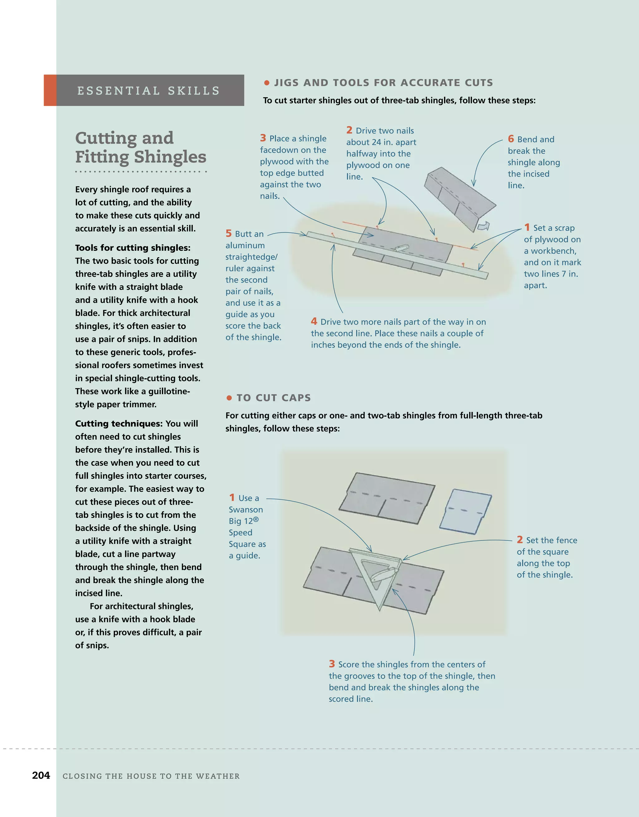 Cutting and
Fitting Shingles
every shingle roof requires a
lot of cutting, and the ability
to make these cuts quickly and
accurately is an essential skill.
Tools for cutting shingles:
The two basic tools for cutting
three-tab shingles are a utility
knife with a straight blade
and a utility knife with a hook
blade. for thick architectural
shingles, it’s often easier to
use a pair of snips. In addition
to these generic tools, profes-
sional roofers sometimes invest
in special shingle-cutting tools.
These work like a guillotine-
style paper trimmer.
cutting techniques: You will
often need to cut shingles
before they’re installed. This is
the case when you need to cut
full shingles into starter courses,
for example. The easiest way to
cut these pieces out of three-
tab shingles is to cut from the
backside of the shingle. Using
a utility knife with a straight
blade, cut a line partway
through the shingle, then bend
and break the shingle along the
incised line.
for architectural shingles,
use a knife with a hook blade
or, if this proves difficult, a pair
of snips.
e s s e n t i a l s k i l l s
• JigS and ToolS for accuraTE cuTS
To cut starter shingles out of three-tab shingles, follow these steps:
• To cuT caPS
for cutting either caps or one- and two-tab shingles from full-length three-tab
shingles, follow these steps:
1 Set a scrap
of plywood on
a workbench,
and on it mark
two lines 7 in.
apart.
3 Place a shingle
facedown on the
plywood with the
top edge butted
against the two
nails.
2 Drive two nails
about 24 in. apart
halfway into the
plywood on one
line.
4 Drive two more nails part of the way in on
the second line. Place these nails a couple of
inches beyond the ends of the shingle.
5 Butt an
aluminum
straightedge/
ruler against
the second
pair of nails,
and use it as a
guide as you
score the back
of the shingle.
6 Bend and
break the
shingle along
the incised
line.
3 Score the shingles from the centers of
the grooves to the top of the shingle, then
bend and break the shingles along the
scored line.
1 Use a
Swanson
Big 12®
Speed
Square as
a guide.
2 Set the fence
of the square
along the top
of the shingle.
204 Closing tHe House to tHe WeatHer
 